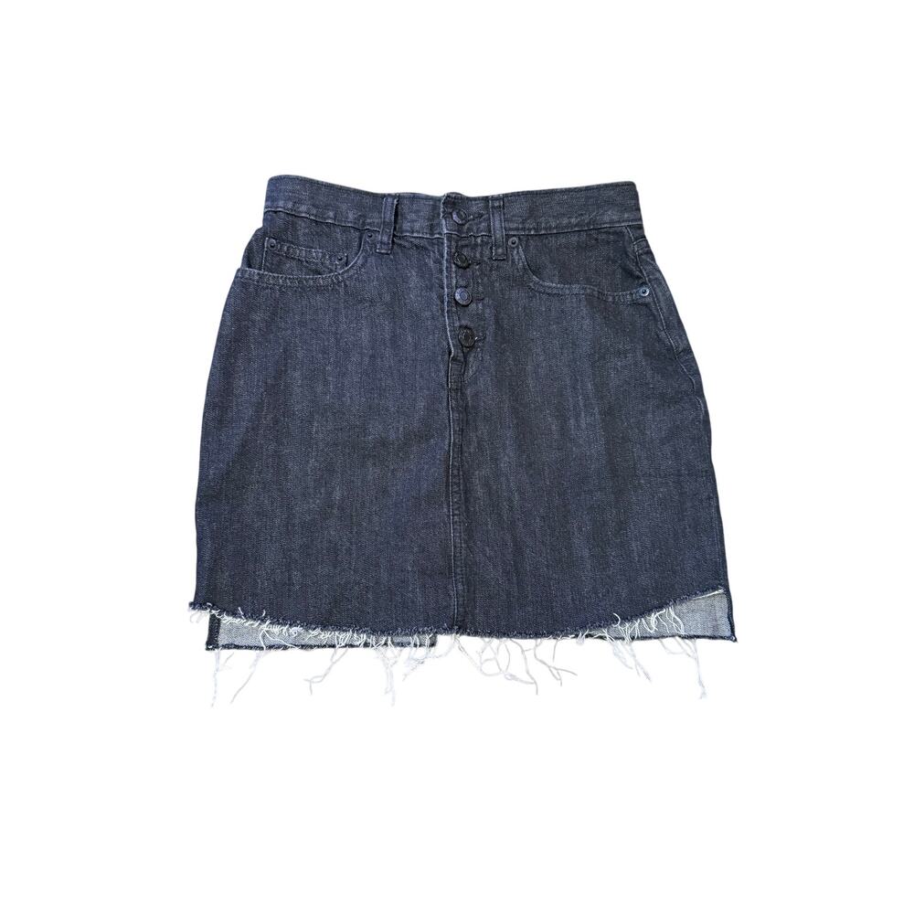 GAP Black Denim Step Raw Hem Button Fly Jean Skirt size 27
